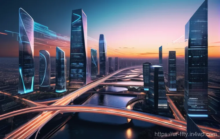 AI 기반 사이버 공격 방어 시스템 - **Prompt 1:** "A breathtaking, futuristic digital cityscape at dusk, bathed in the soft glow of data...