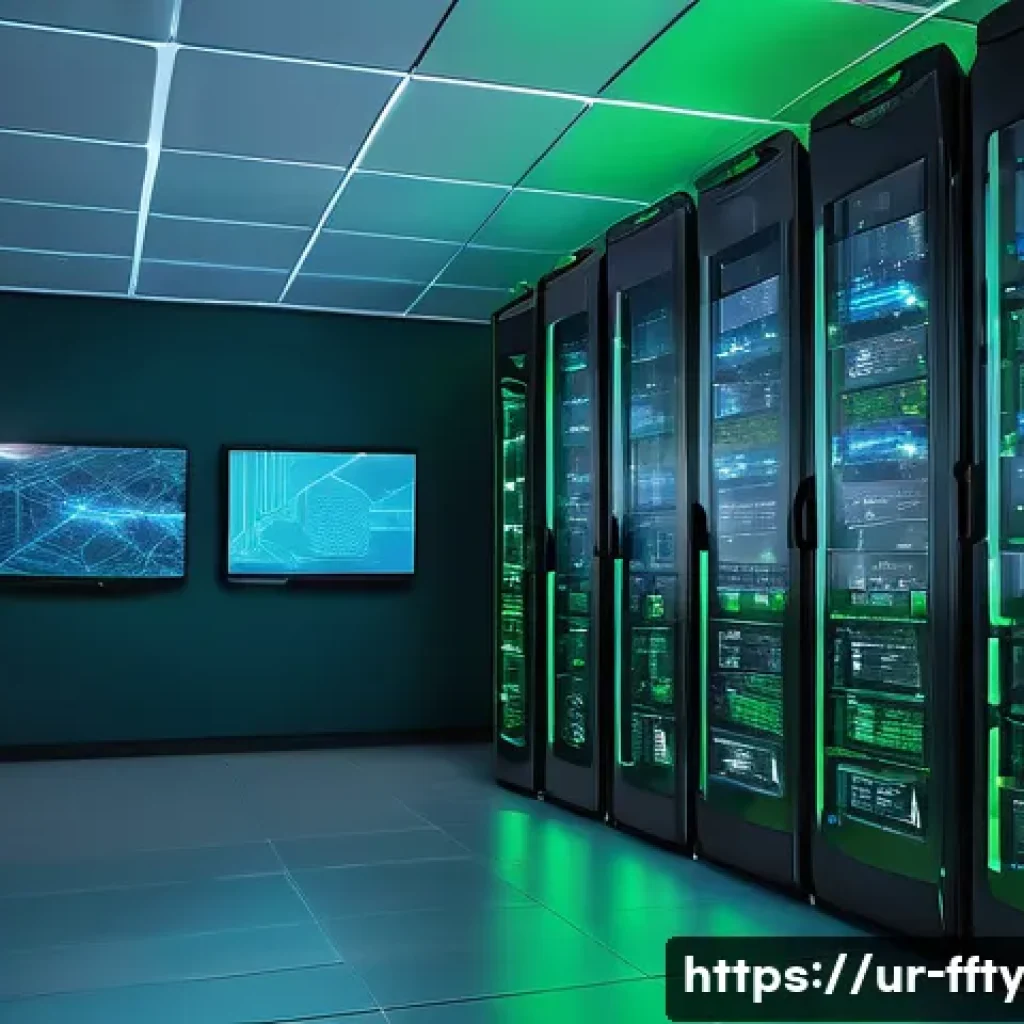 이머징 기술 보안의 최신 동향 - A high-tech cloud computing data center scene showing multiple servers interconnected with glowing b...