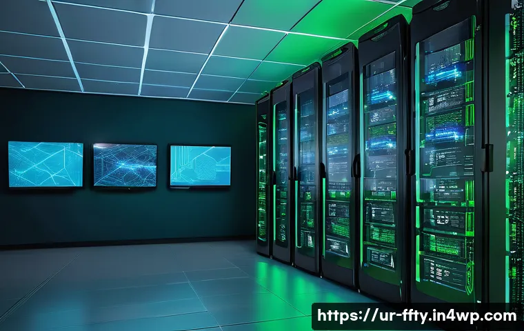 이머징 기술 보안의 최신 동향 - A high-tech cloud computing data center scene showing multiple servers interconnected with glowing b...