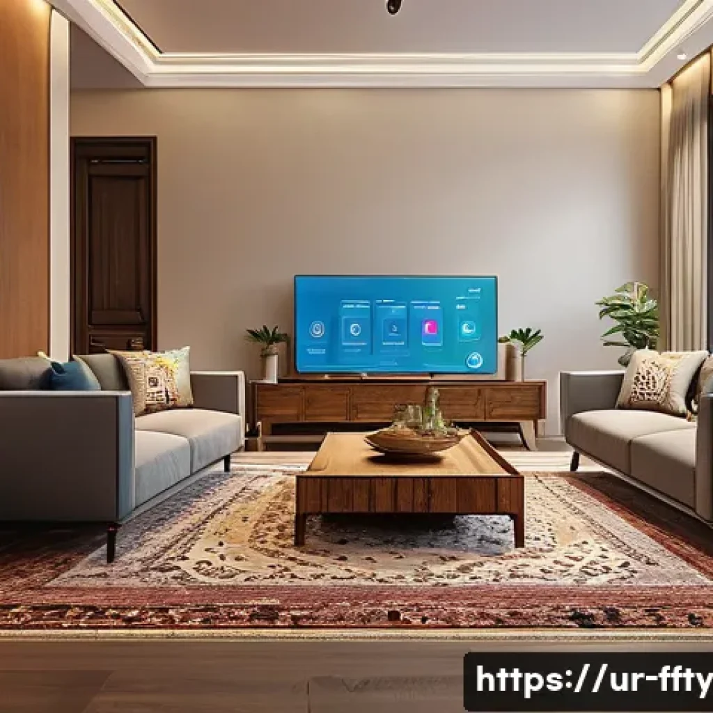스마트 홈 기기의 보안 대책 - A modern Pakistani smart home interior at dusk, showcasing a family using AI-based security cameras ...