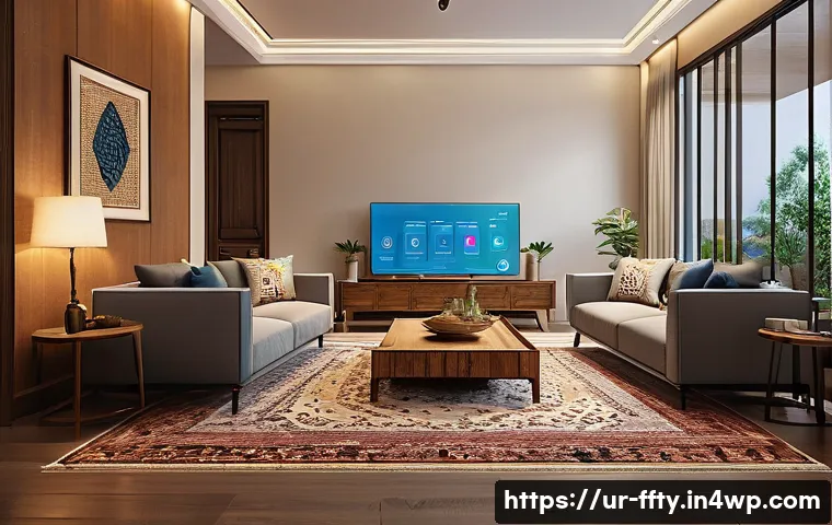 스마트 홈 기기의 보안 대책 - A modern Pakistani smart home interior at dusk, showcasing a family using AI-based security cameras ...
