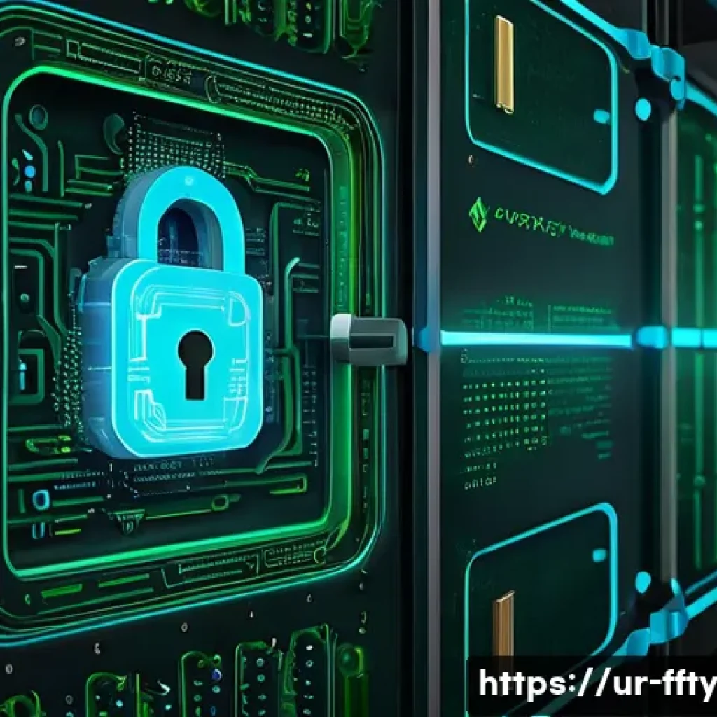 블록체인과 개인정보 보호 - A futuristic digital vault representing blockchain encryption technology, glowing neon blue and gree...