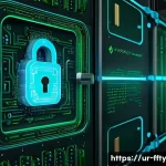 Home 22 블록체인과 개인정보 보호 - A futuristic digital vault representing blockchain encryption technology, glowing neon blue and gree...