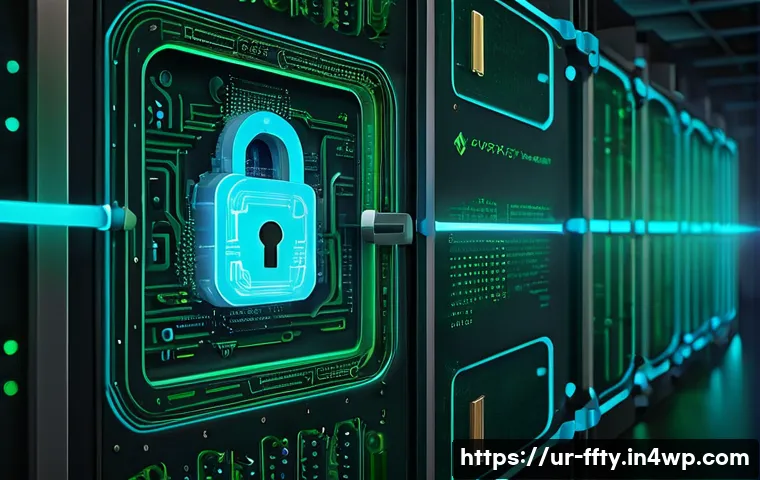 블록체인과 개인정보 보호 - A futuristic digital vault representing blockchain encryption technology, glowing neon blue and gree...