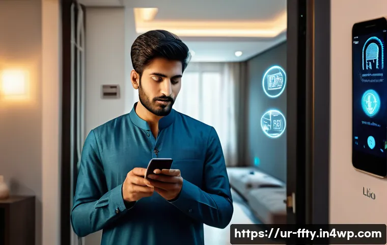 스마트폰 보안의 미래 - A high-tech smartphone screen displaying advanced biometric security features popular in Urdu-speaki...