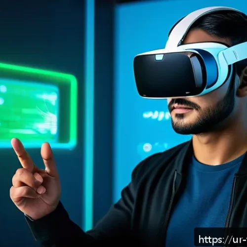 Home 30 가상현실 VR 보안 솔루션 비교 - A futuristic virtual reality user wearing a sleek VR headset and smart glasses, interacting with a b...