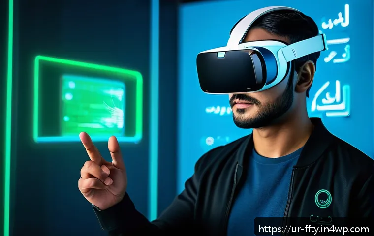 가상현실 VR 보안 솔루션 비교 - A futuristic virtual reality user wearing a sleek VR headset and smart glasses, interacting with a b...